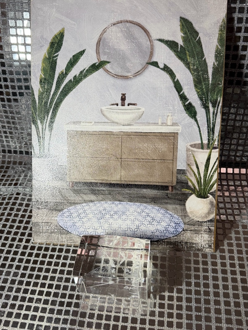 Botanical Bathroom Canvas Art Print in Green and Blue